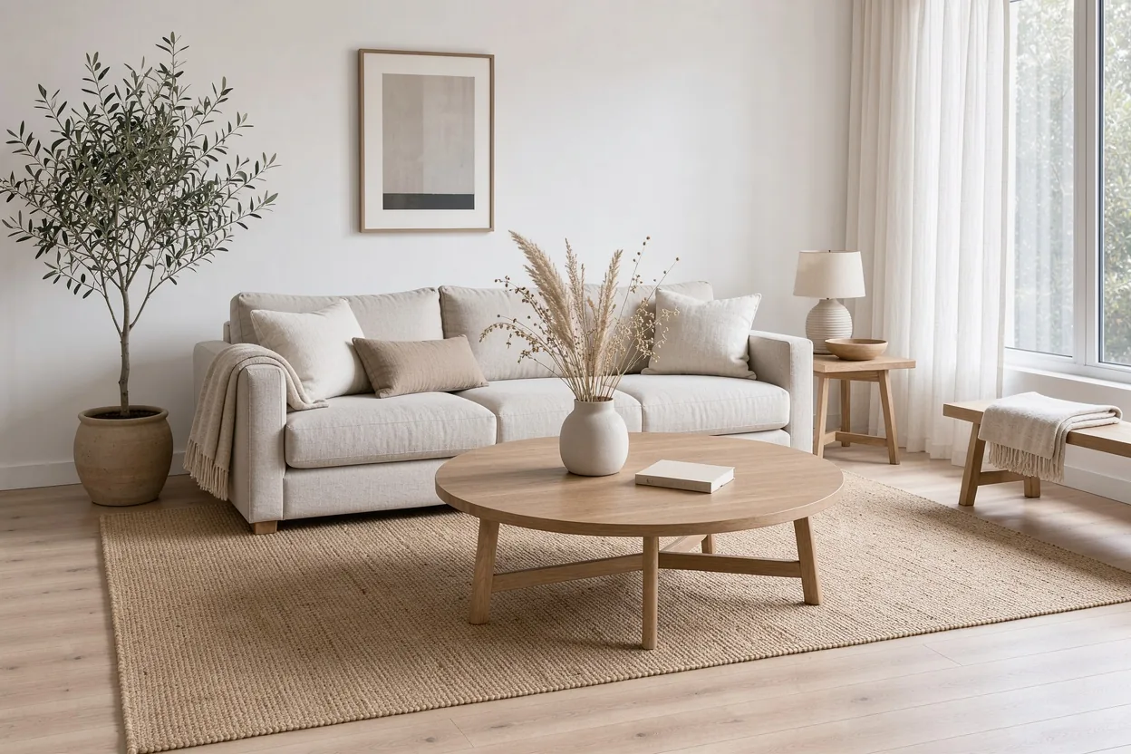 A bright Scandinavian living room with a beige linen sofa, oak coffee table and jute rug, the original image before editing