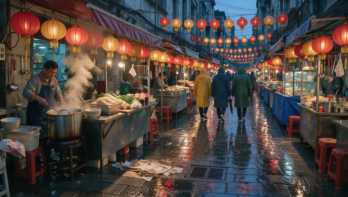 Example made with FLUX 3 Image: a rainy night food market with red paper lanterns